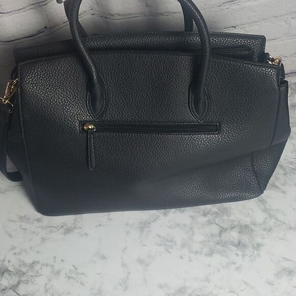 Two Tone Satchel Black Faux Leather Handbag with Decorative Lock - Picture 5 of 17